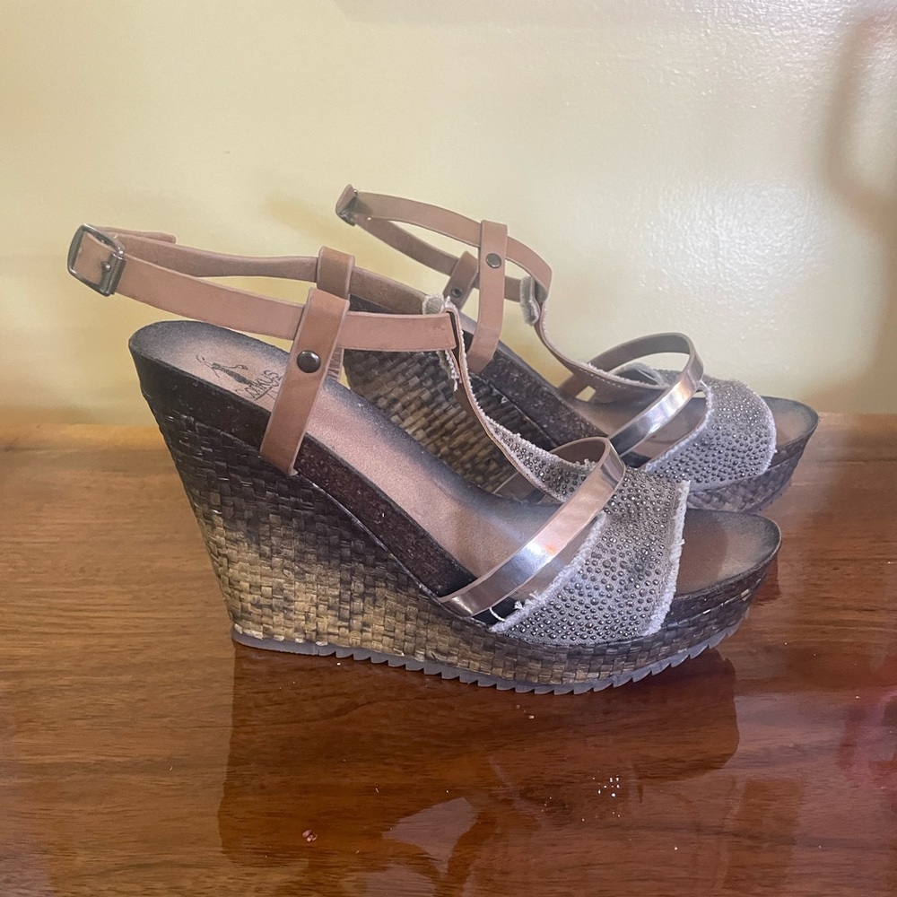Corkys Wedge Ultra High Sandals Size 9 (runs small) Sling Back Open Toe Brown